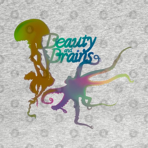 Beauty and Brains, Octopus and Jellyfish Duo 2, Hazy Pastel Rainbow, Bold Graphic Design by cherdoodles